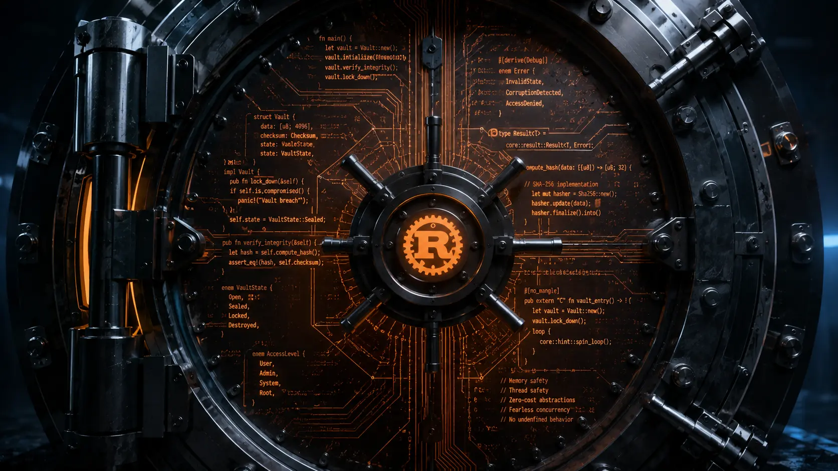 Rust programming A photorealistic shot of an impenetrable black steel vault door glowing with orange code, representing memory safety.