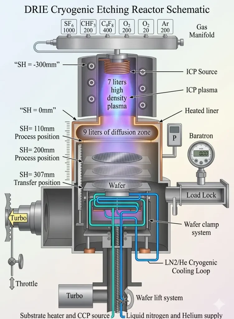 Schematic of a Deep Reactive Ion Etching (DRIE) reactor with a cryogenic cooling loop..
