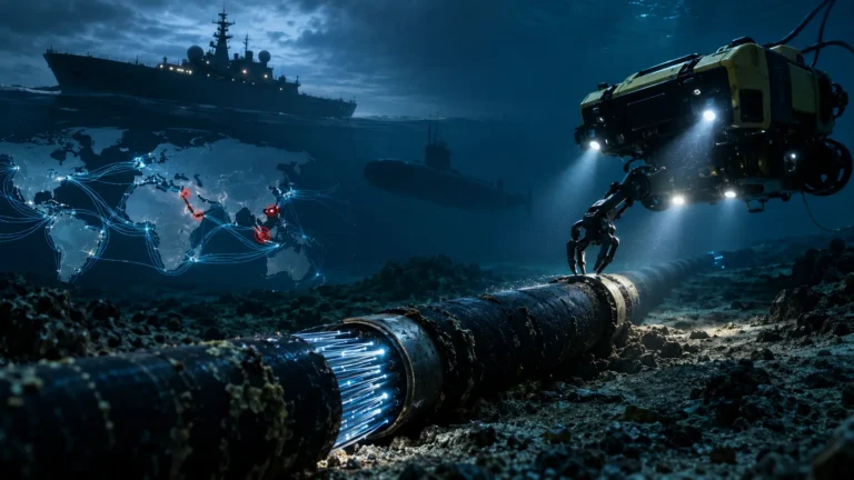 Seabed warfare operations targeting critical undersea fiber-optic cables on the ocean floor.