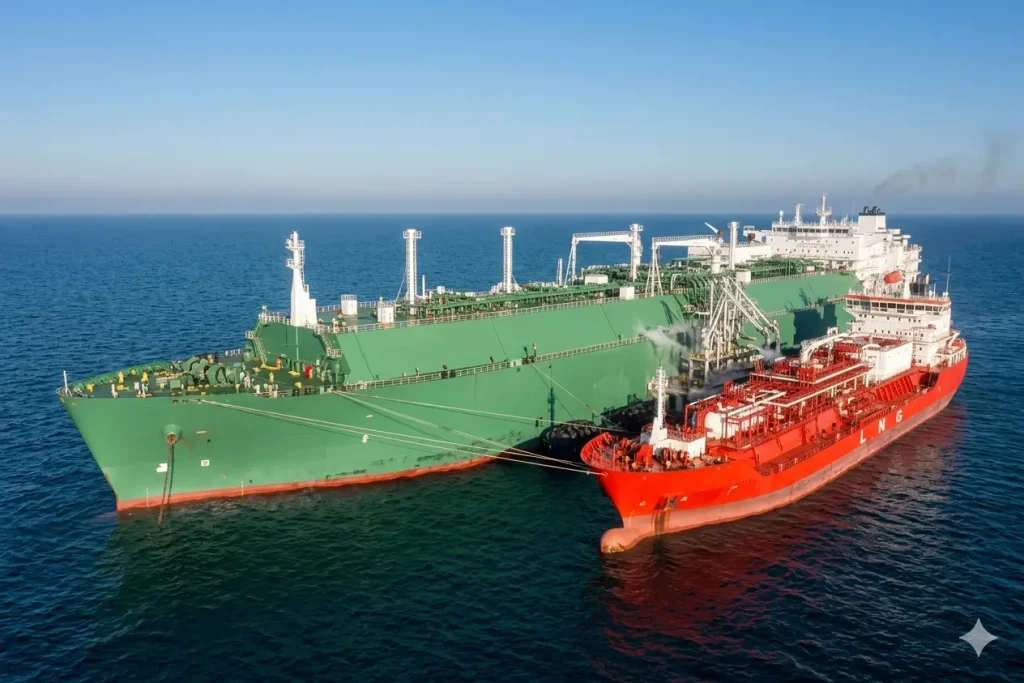 Ship-to-Ship (STS) Transfer A standard LNG carrier (red) transfers super-cooled liquid gas directly into the FSRU (green) for onboard regasification..