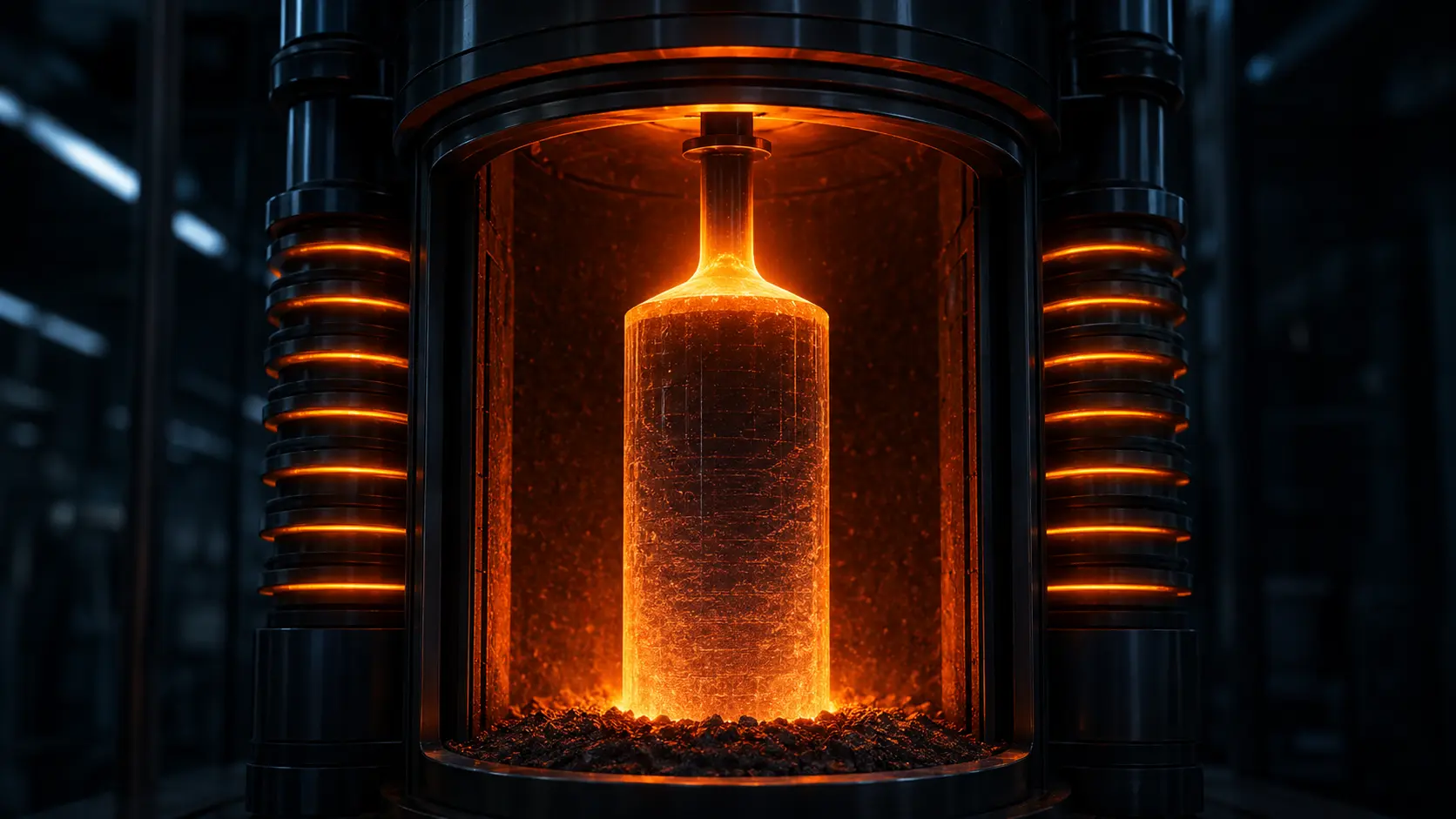 Silicon Carbide SiC boule growth inside a high-temperature Physical Vapor Transport PVT furnace.