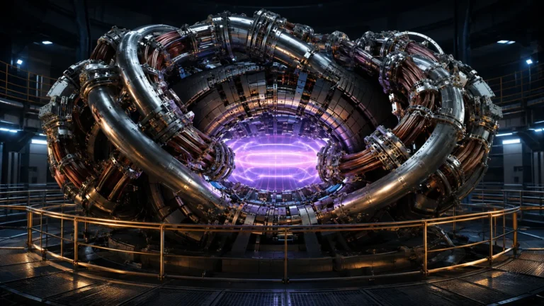 Stellarator fusion reactor utilizing AI-designed twisted 3D magnetic coils to confine superheated plasma