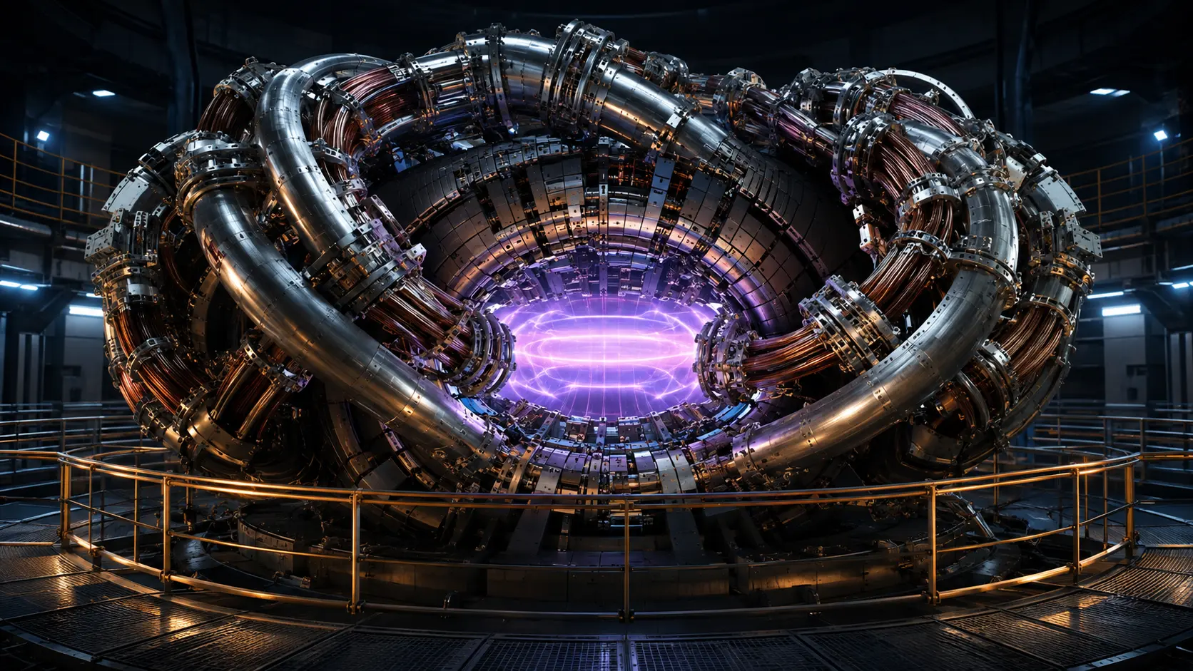 Stellarator fusion reactor utilizing AI-designed twisted 3D magnetic coils to confine superheated plasma