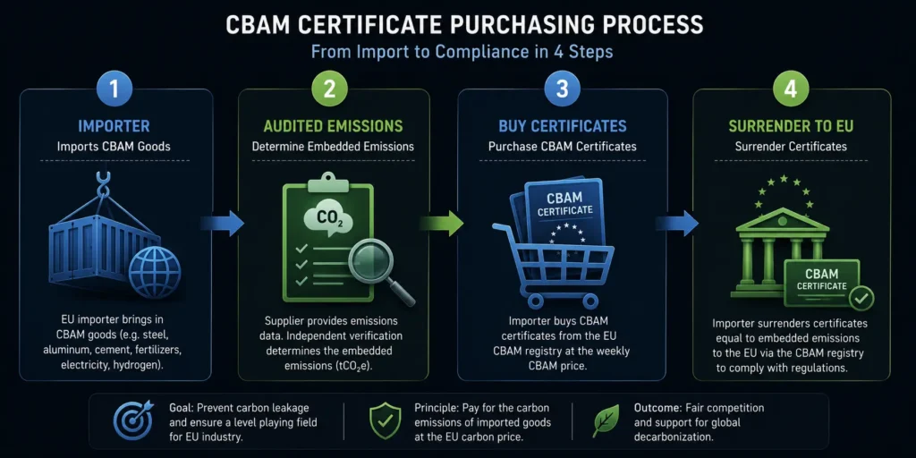 Step-by-step process of purchasing CBAM certificates for embedded emissions.