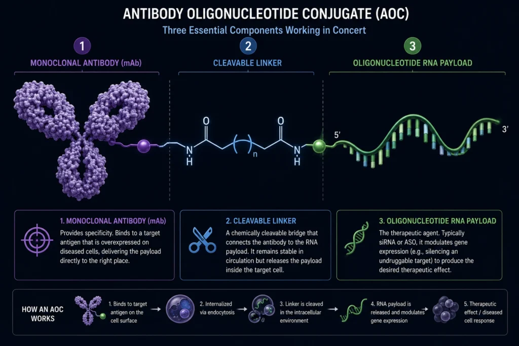 Structure of an Antibody-Oligonucleotide Conjugate AOC showing mAb linker and RNA payload
