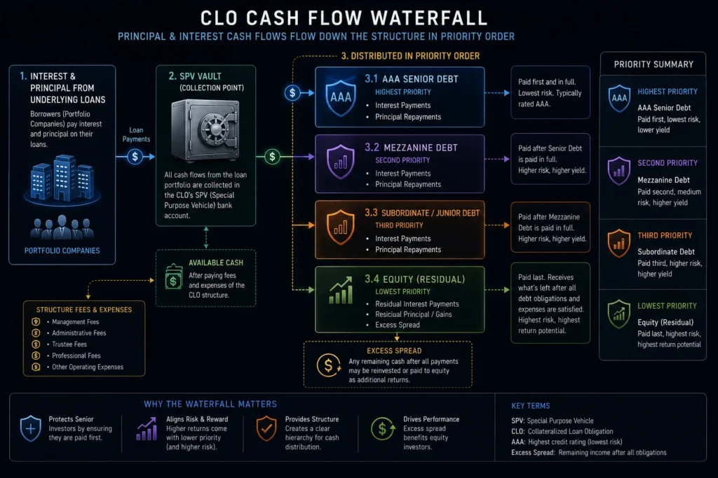 The CLO cash flow waterfall protecting senior AAA tranches from defaults.