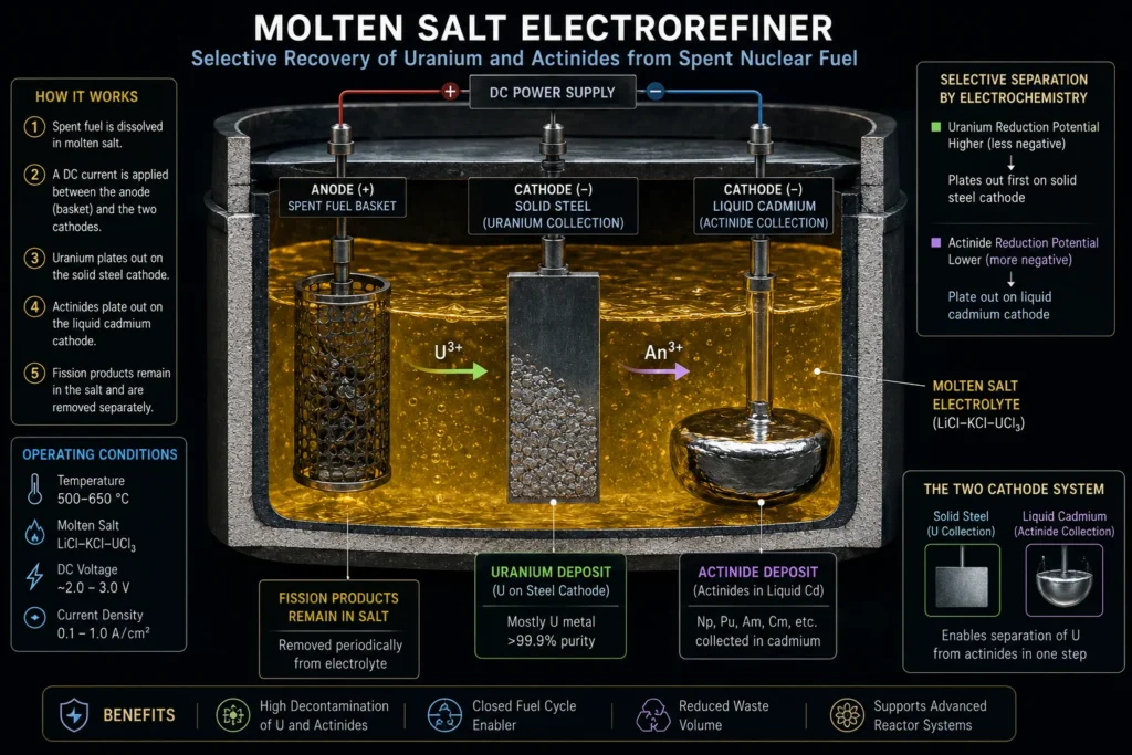 The Nernst equation determining the reduction potentials of uranium and transuranic elements in a molten salt bath.