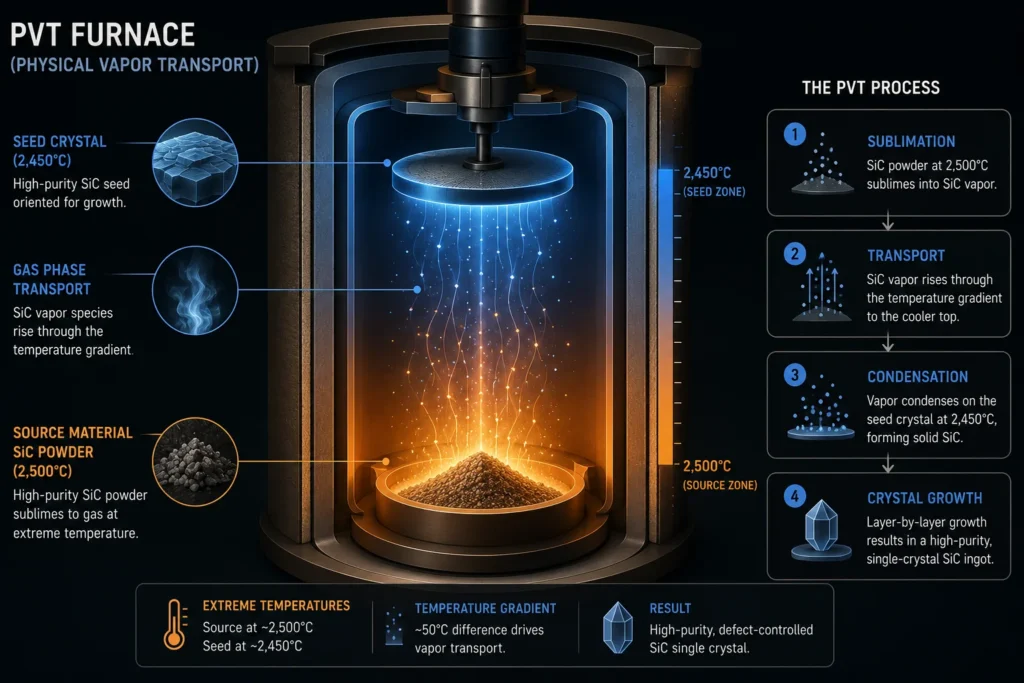 The Physical Vapor Transport PVT process sublimating SiC powder onto a seed crystal.
