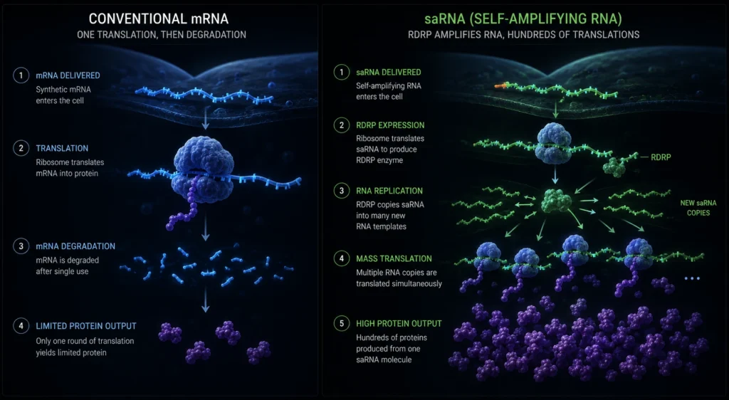 The RDRP replication cycle comparing self-amplifying RNA to conventional mRNA.