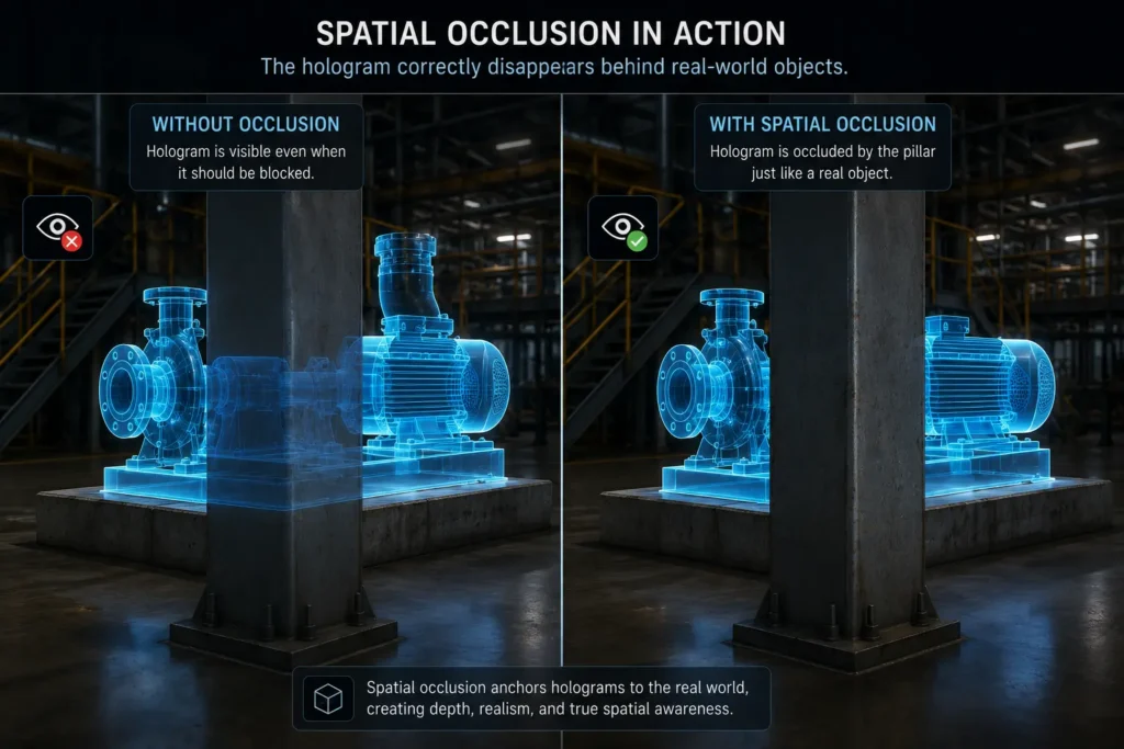 The SLAM spatial anchoring process overlaying a 3D digital twin onto a physical machine.