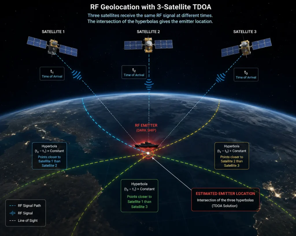 The TDOA and FDOA mathematical algorithms used for satellite RF geolocation.