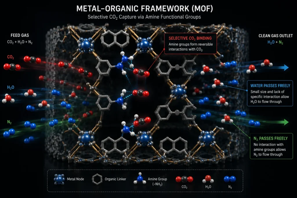 The Temperature-Vacuum Swing Adsorption (TVSA) cycle showing CO2 binding to amine-functionalized MOFs.