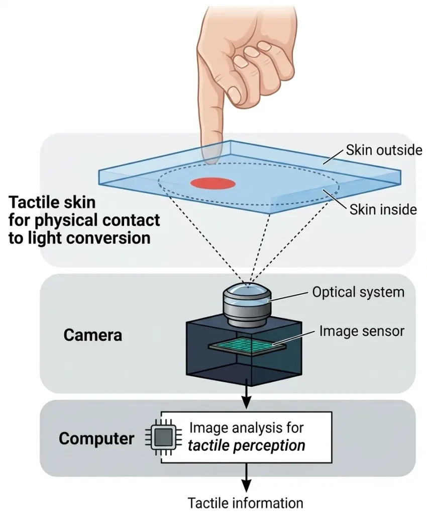 The anatomy of an optical tactile sensor An internal camera captures the deformation of the elastomeric skin..