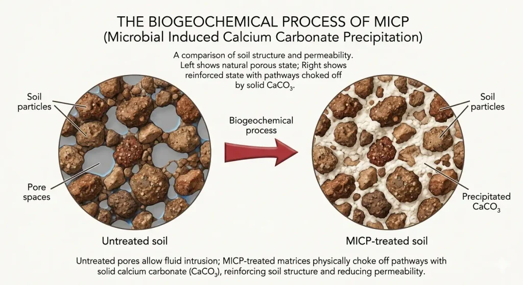 The biogeochemical process of MICP Untreated pores allow water intrusion, whereas MICP-treated matrices physically choke off pathways with solid calcium carbonate..