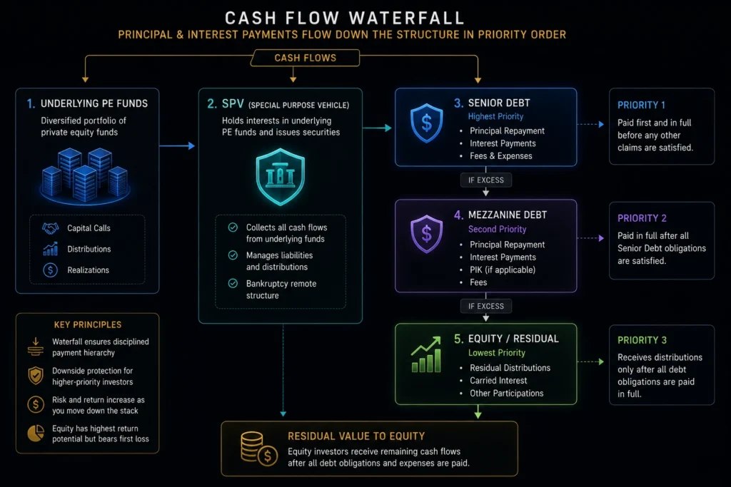 The cash flow waterfall structure of a Collateralized Fund Obligation.