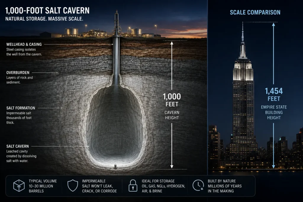 The geological process of solution mining to create salt caverns for green hydrogen storage.