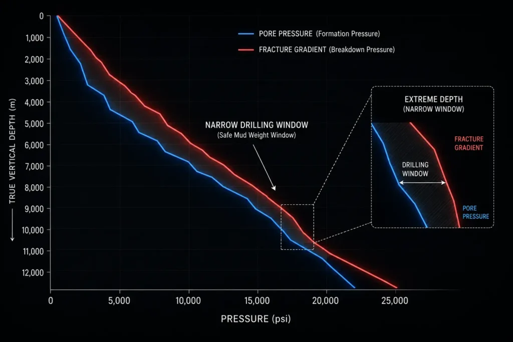 The narrow drilling window showing pore pressure versus fracture gradient in deepwater drilling.