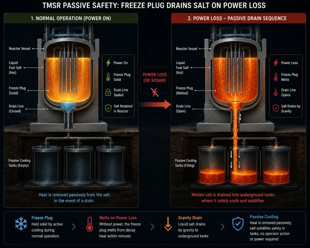 The nuclear transmutation process of Thorium-232 into fissile Uranium-233 inside a TMSR.