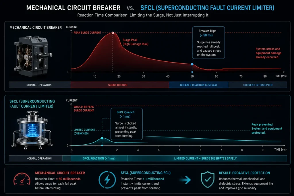 The quench dynamics of a Superconducting Fault Current Limiter SFCL compared to a mechanical circuit breaker.