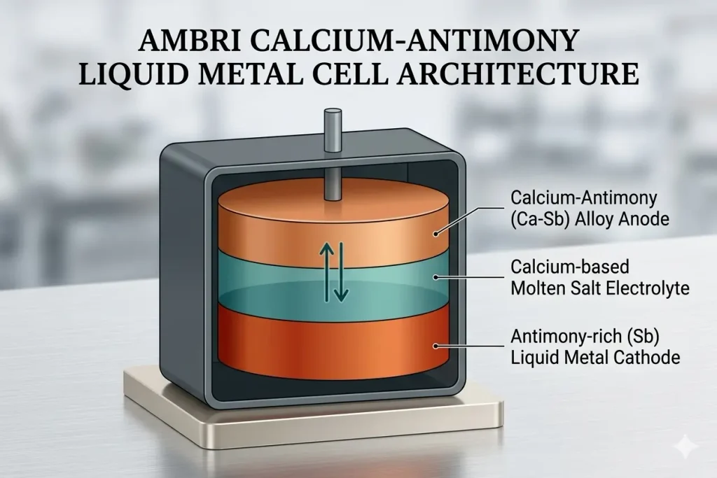 The three-layer immiscible architecture of the Ambri calcium-antimony cell.. Source