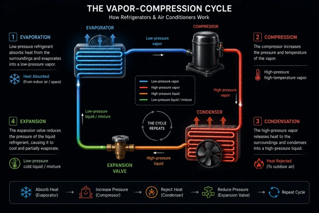The vapor-compression cycle and Coefficient of Performance (COP) of an industrial heat pump.