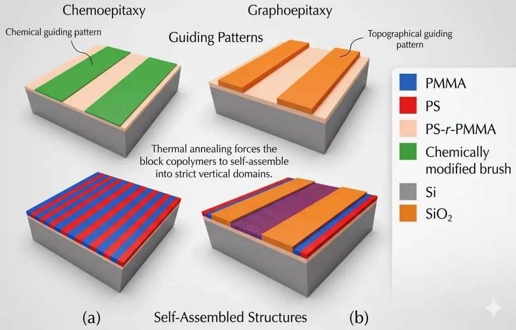 Thermal annealing forces the block copolymers to self-assemble into strict vertical domains.. Source MDPI