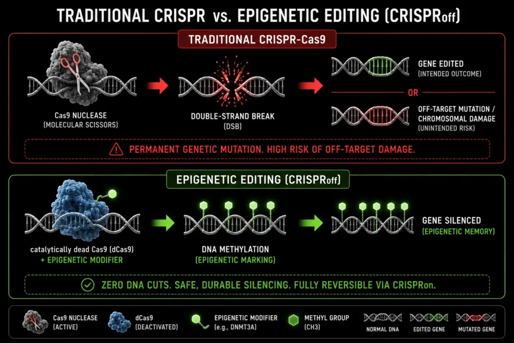 Traditional CRISPR double-strand DNA break versus CRISPRoff epigenetic silencing