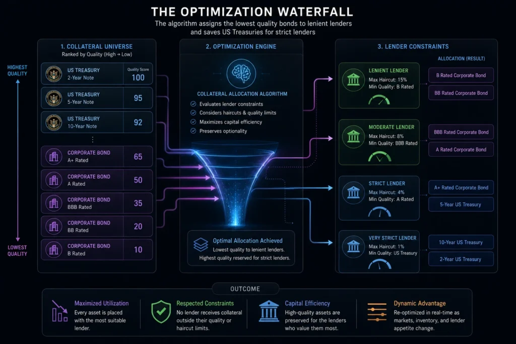 Tri-party repo collateral optimization waterfall and margin calls