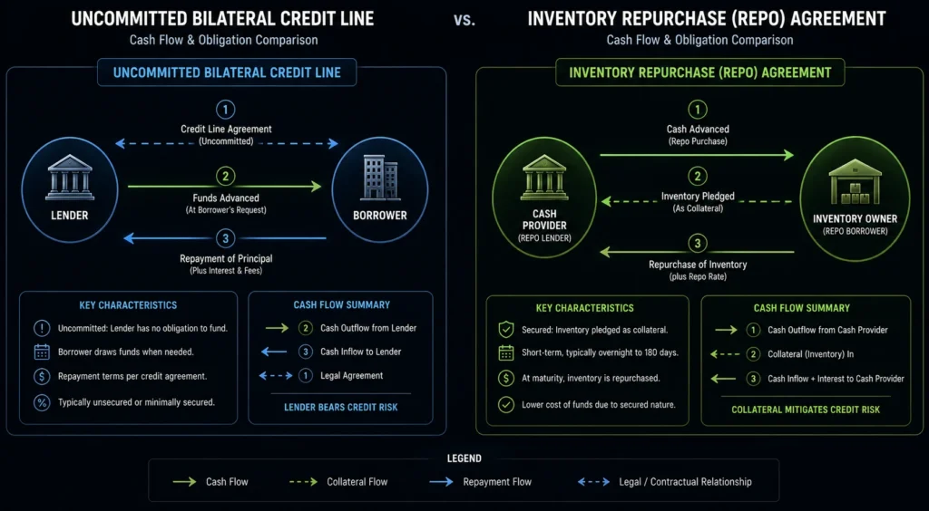 Uncommitted bilateral credit lines vs inventory repurchase agreements in trade finance.