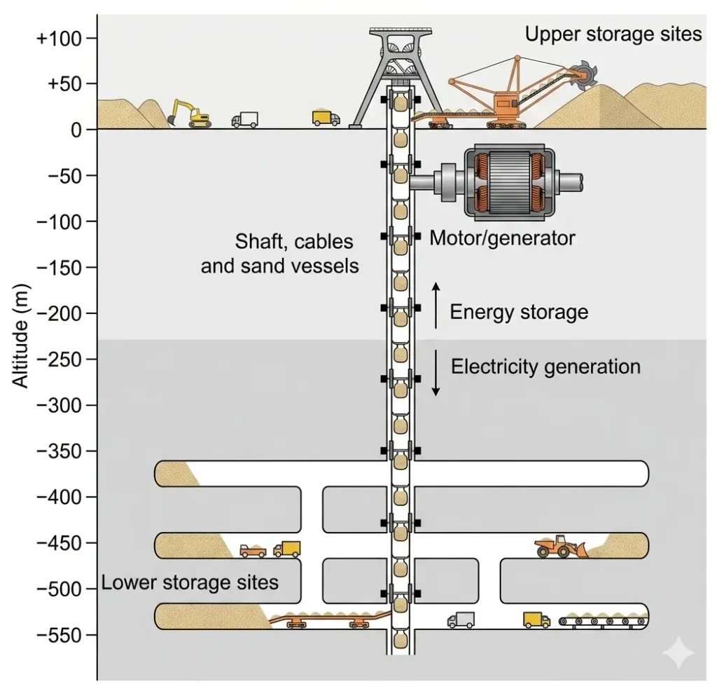 Underground GESS designs repurpose abandoned vertical mine shafts to achieve massive drop heights with minimal surface disruption..