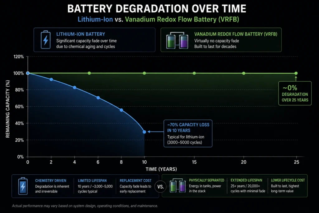 Vanadium redox flow battery VRFB vs lithium ion degradation comparison chart