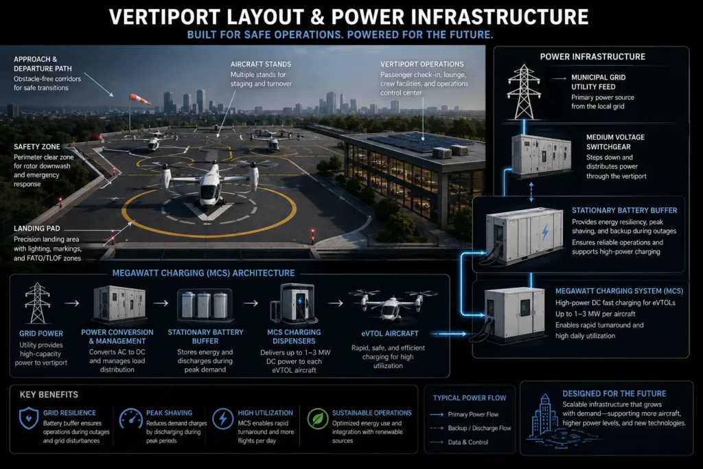 Vertiport megawatt charging system infrastructure and power grid requirements