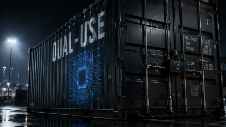 Wassenaar Arrangement A photorealistic shot of a heavy shipping container stenciled with DUAL-USE and a microchip schematic, representing technology export controls.