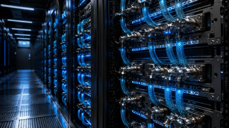 Zero-water data centers A photorealistic shot of closed-loop liquid cooling pipes bolted directly to high-density AI server racks.