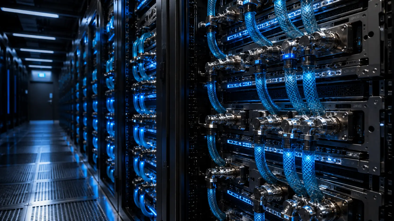 Zero-water data centers A photorealistic shot of closed-loop liquid cooling pipes bolted directly to high-density AI server racks.