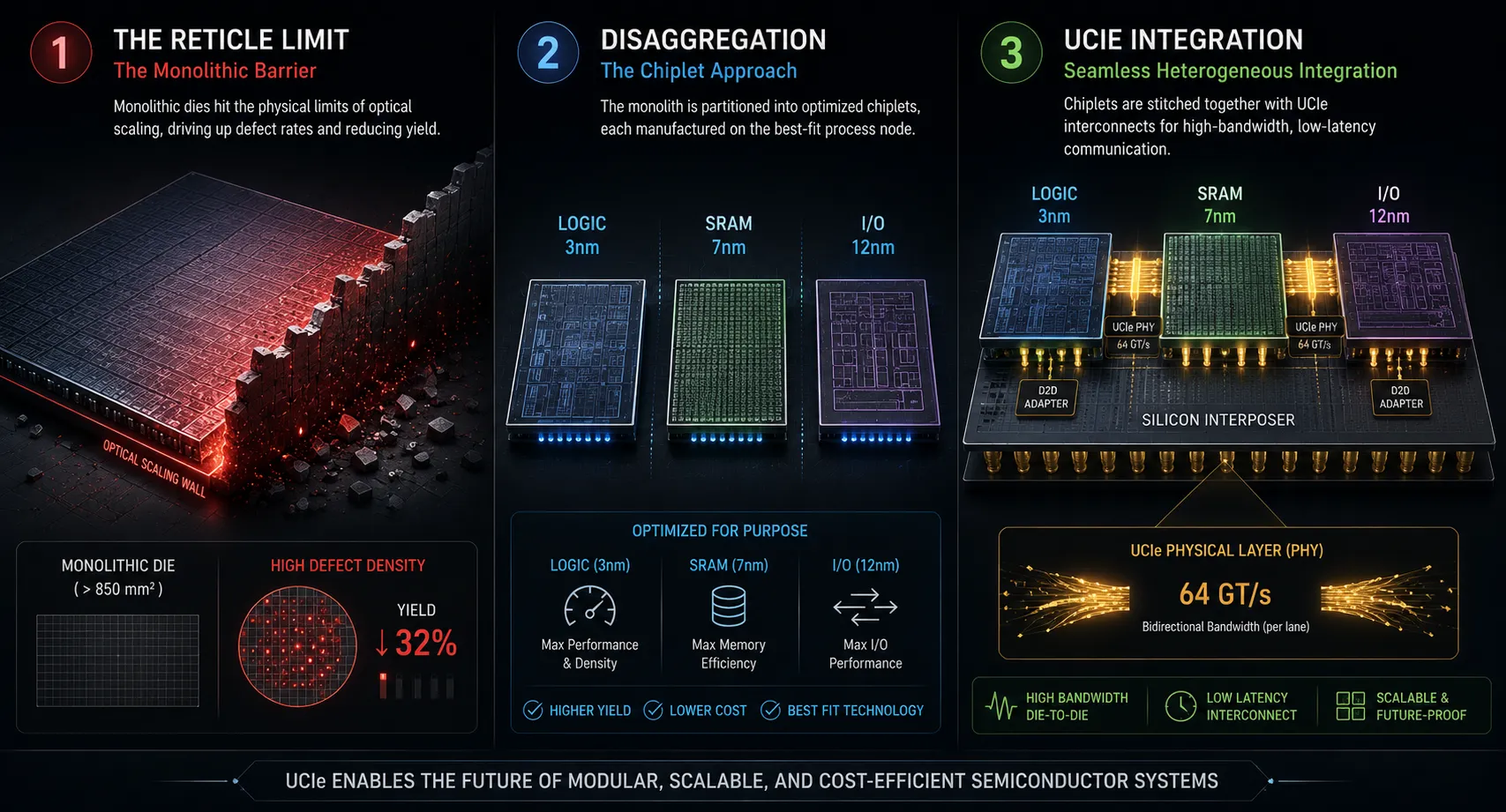 A 3-step technical cutaway showing UCIe Heterogeneous Integration.