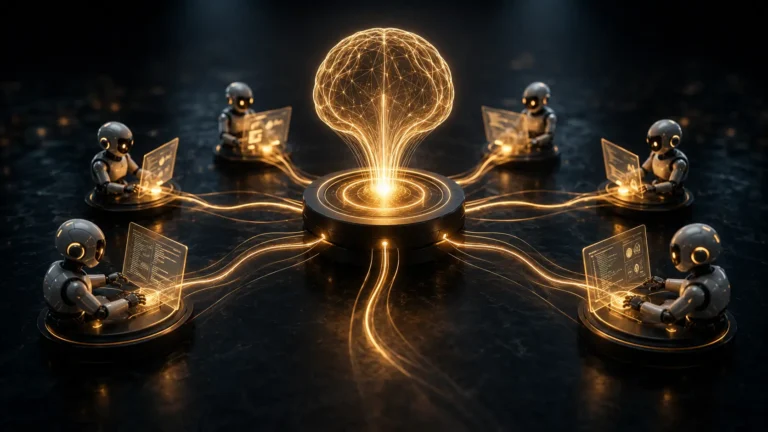 A conceptual digital illustration of Agentic AI Orchestration platforms replacing legacy RPA gear-and-cog assembly lines.