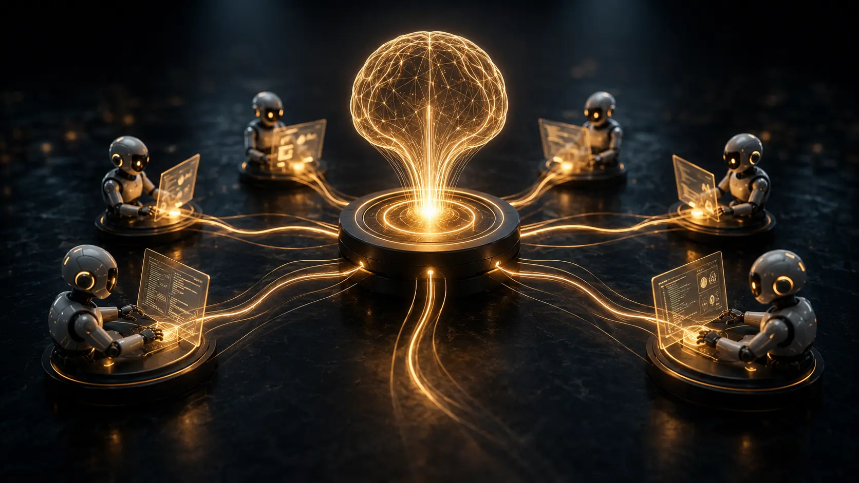 A conceptual digital illustration of Agentic AI Orchestration platforms replacing legacy RPA gear-and-cog assembly lines.