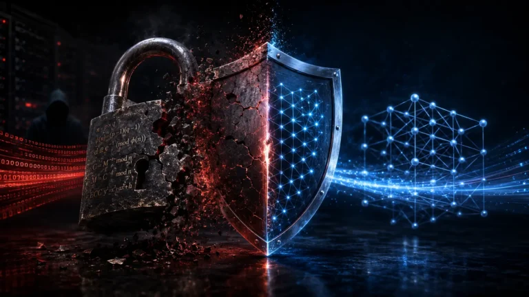 A conceptual digital illustration of a Post-Quantum Cryptography (PQC) migration utilizing a lattice grid to block a quantum attack.