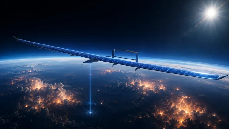 A conceptual digital illustration of a solar-powered High-Altitude Pseudo-Satellite (HAPS) operating in the stratosphere.