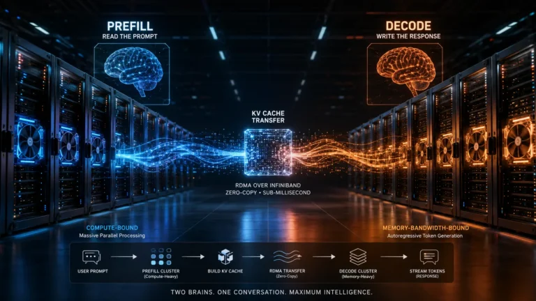 A conceptual neural architecture diagram illustrating Prefill-Decode Disaggregation splitting prompt processing from token generation across specialized GPU clusters.