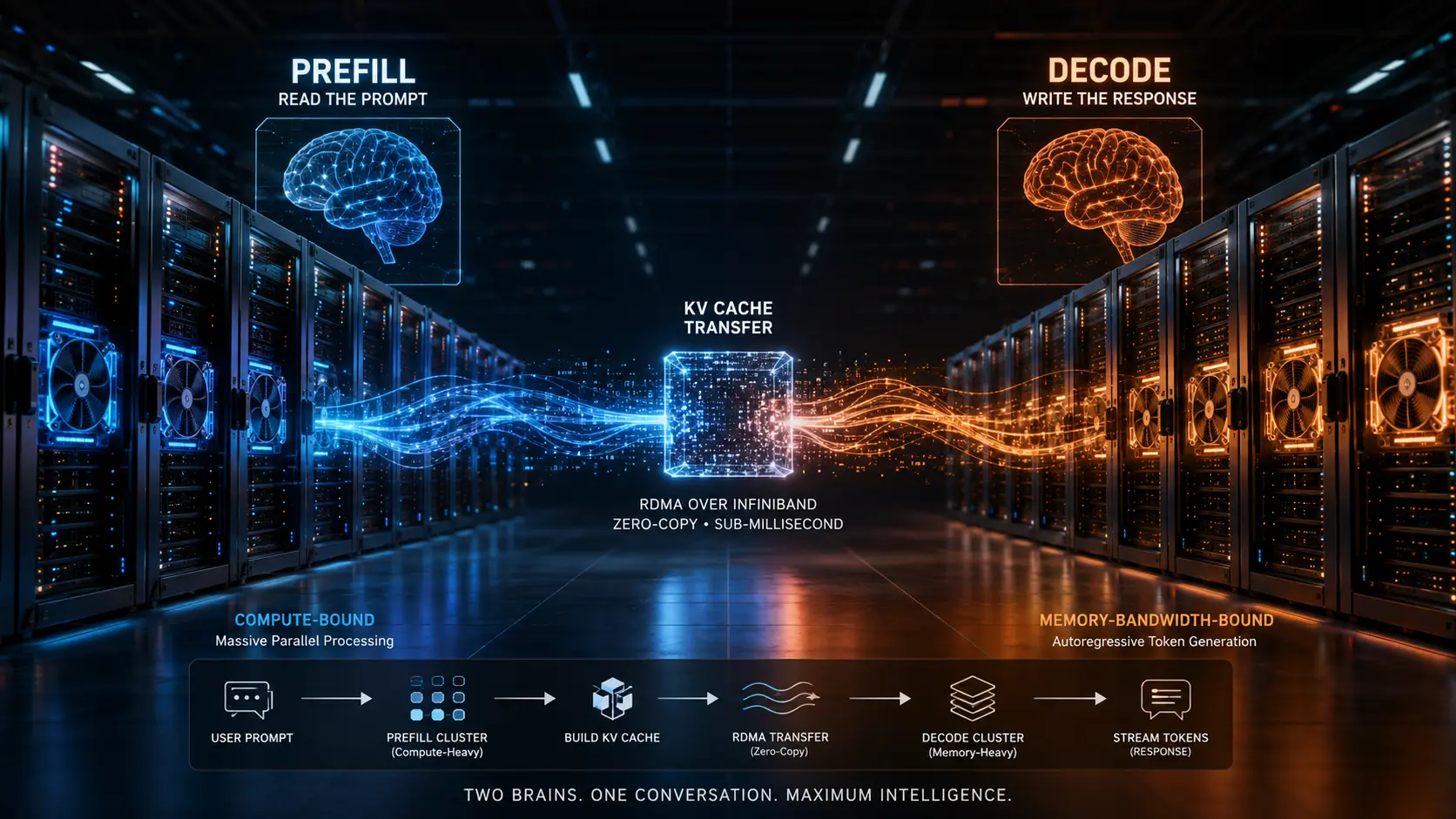 A conceptual neural architecture diagram illustrating Prefill-Decode Disaggregation splitting prompt processing from token generation across specialized GPU clusters.