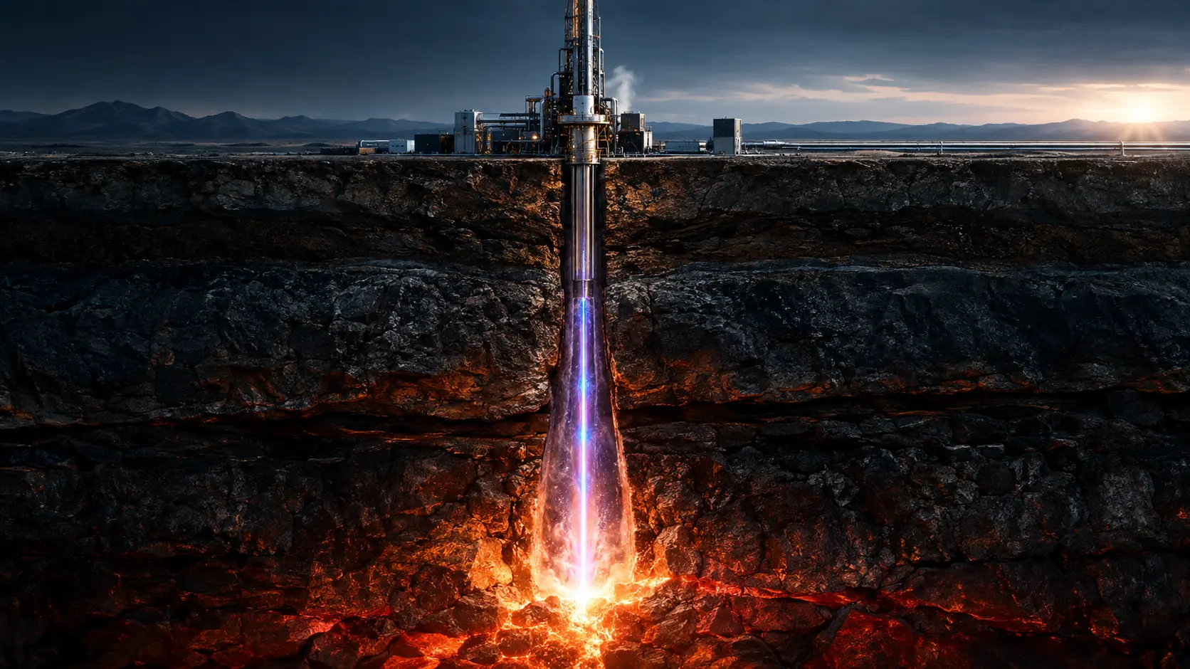 A conceptual rendering of a gyrotron millimeter-wave drilling rig firing directed energy deep into the Earth's crust to unlock geothermal power.