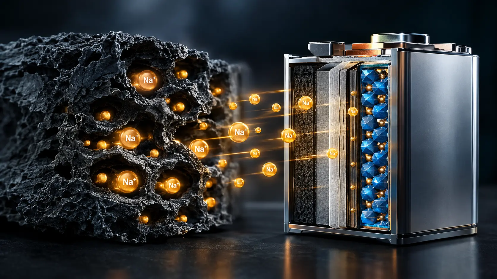 A graphical representation comparing the microscopic structure of a traditional lithium-ion graphite anode to a sodium-ion hard carbon anode.