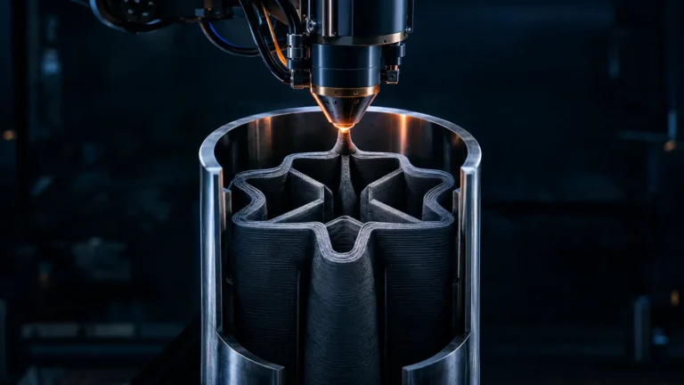 Additive manufacturing of solid rocket motors (SRMs) using robotic 3D printing to deposit APCP fuel.