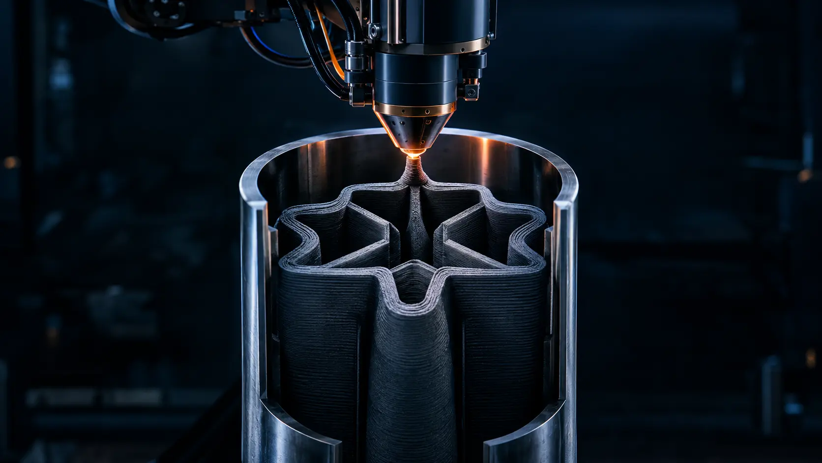 Additive manufacturing of solid rocket motors (SRMs) using robotic 3D printing to deposit APCP fuel.