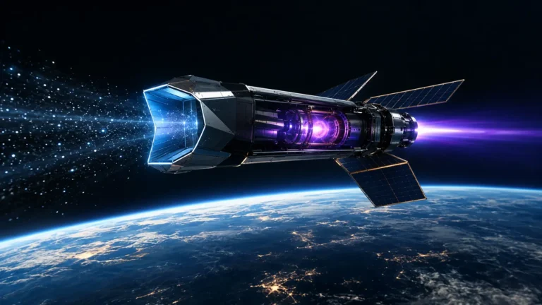 Air-Breathing Electric Propulsion (ABEP) satellite scooping atmospheric gases in Very Low Earth Orbit.