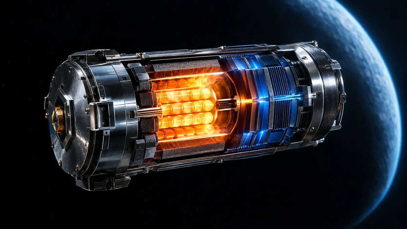 Americium-241 Radioisotope Thermoelectric Generator (RTG) glowing ceramic pellets powering a deep space probe.