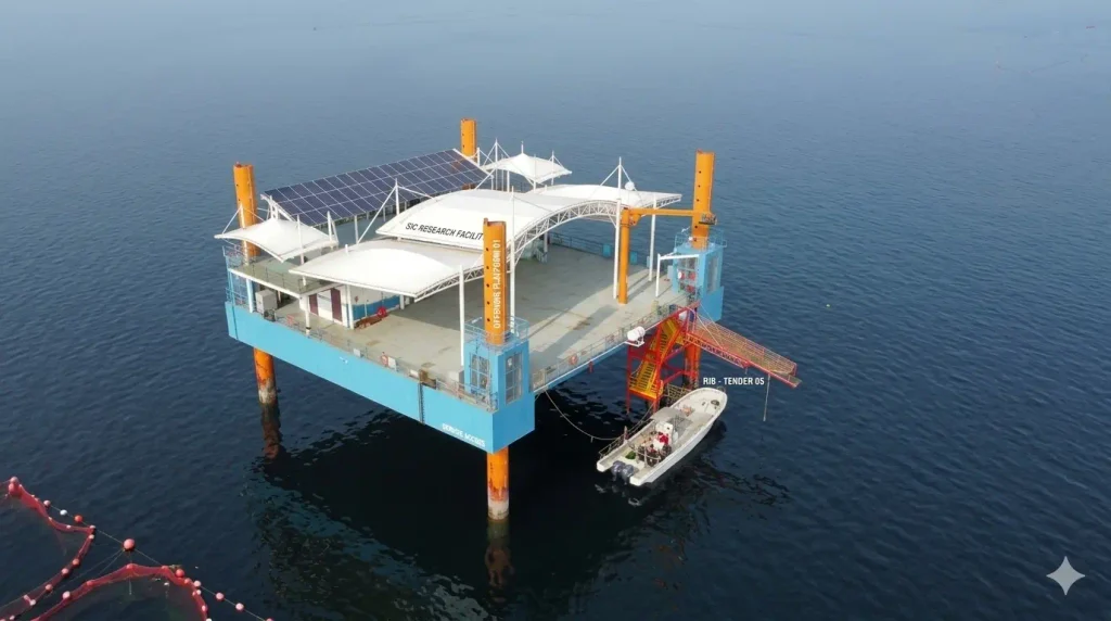 An offshore OTEC testing facility utilizing a jack-up platform. The physical footprint is minimal compared to the massive subsurface infrastructure..