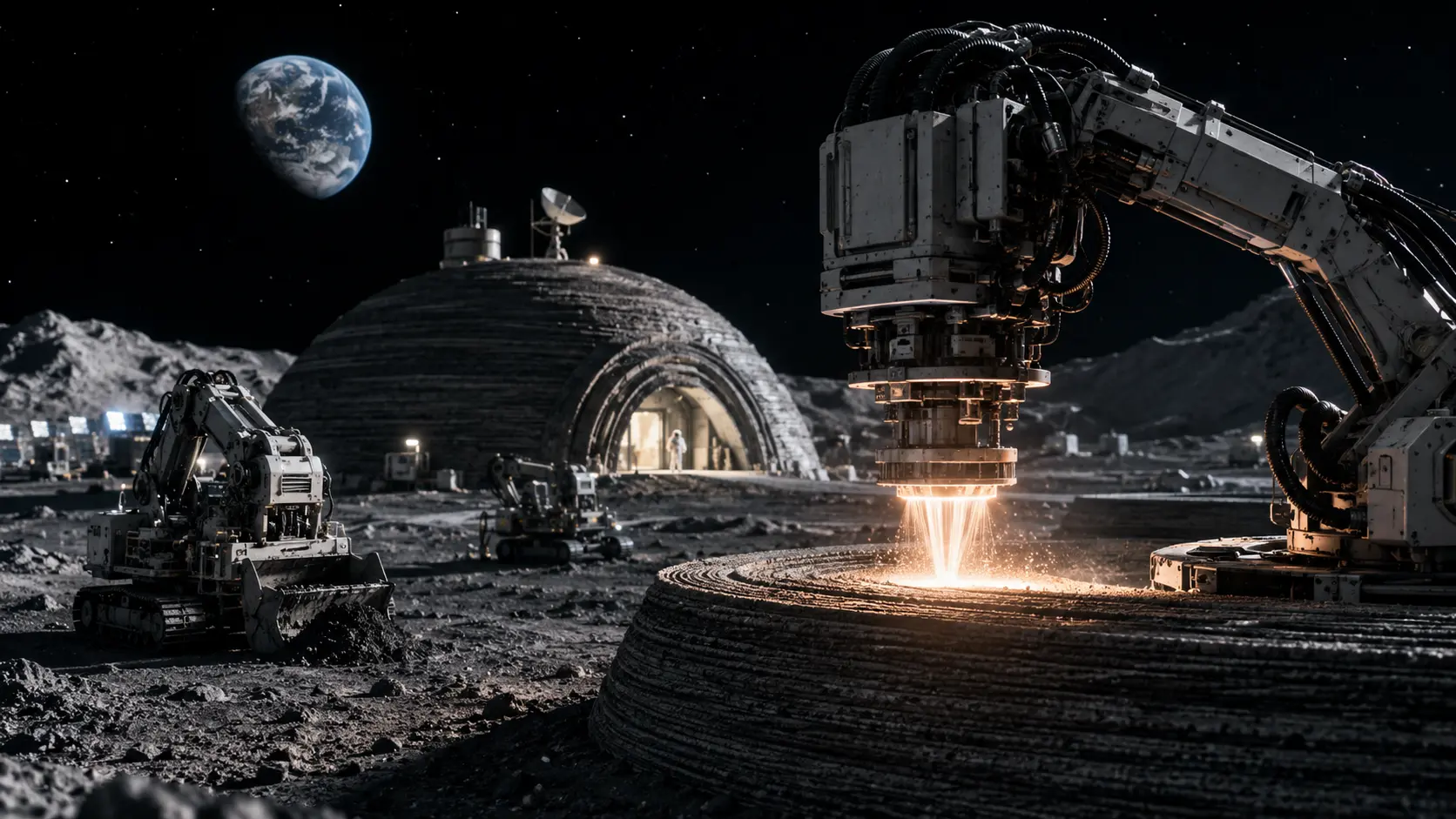 Autonomous robotic gantry using Lunar In-Situ Resource Utilization (ISRU) to 3D print the Artemis Basecamp.